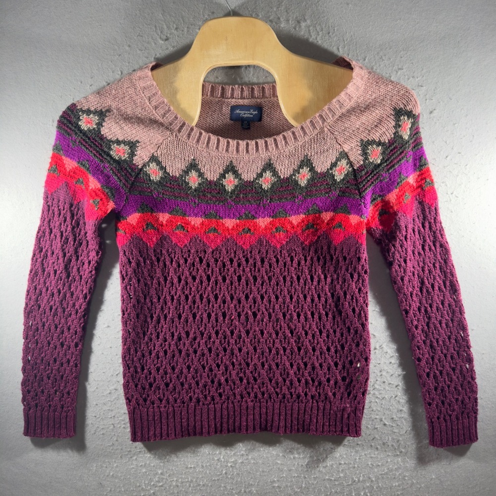 3173 | American Eagle Fair Isle Crochet Wool Blend Sweater Purple Large Boho